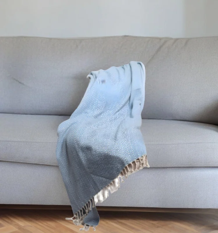 50" X 60" Blue and White Woven Cotton Geometric Throw Blanket with Fringe