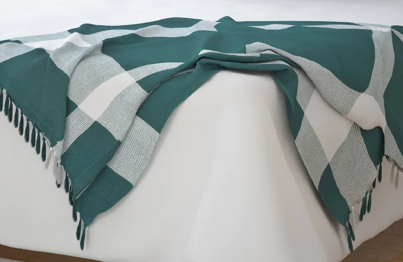 50" X 60" Green Woven Cotton Checkered Throw Blanket with Fringe