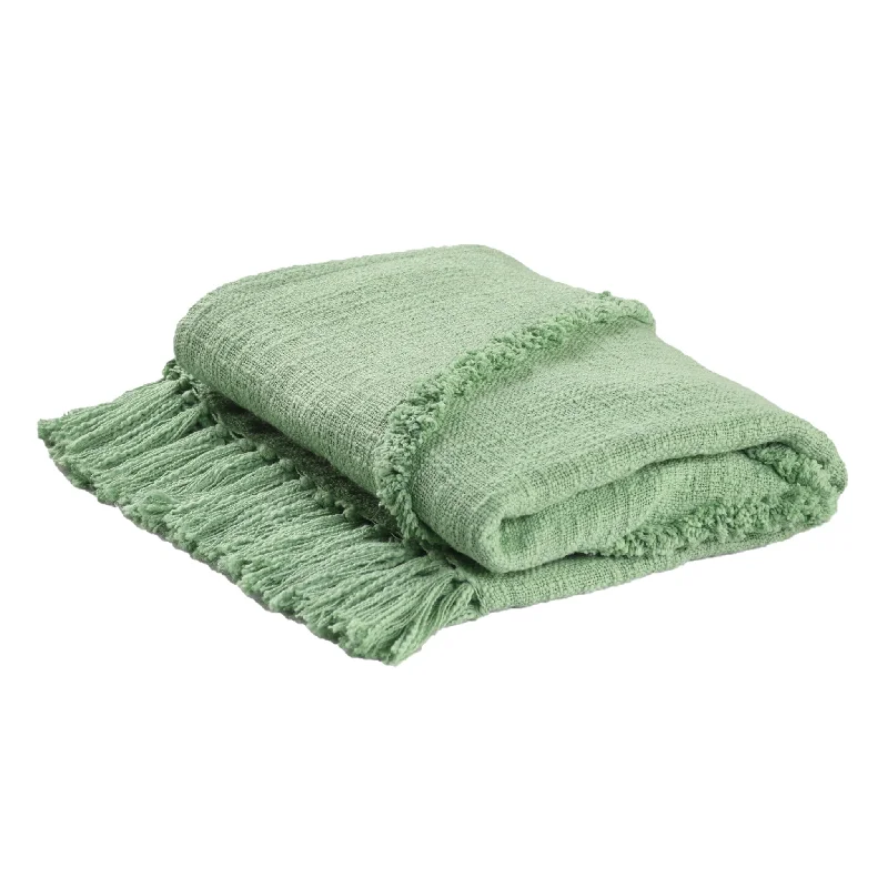 50" X 60" Green Woven Cotton Throw Blanket with Fringe