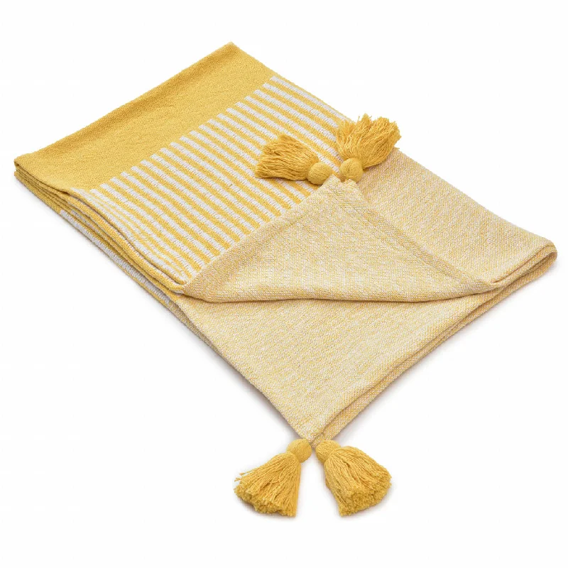 50" X 60" Yellow Woven Cotton Striped Throw Blanket with Tassels