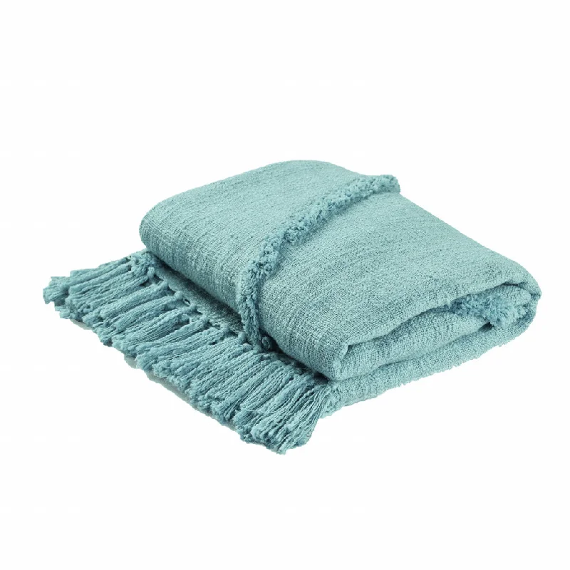 60" X 50" Blue Woven Cotton Throw Blanket with Fringe