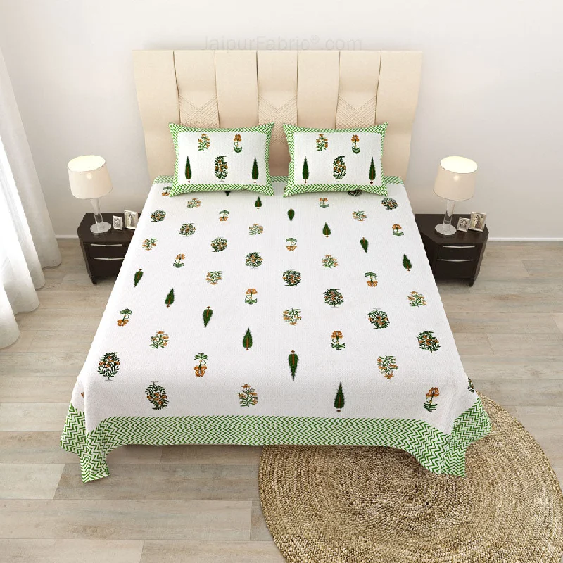 Folklore Fables Green Block Print Pure Cotton Double Bedsheet