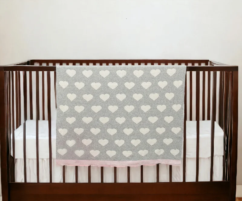 Grey And Ivory Hearts Knitted Baby Blanket