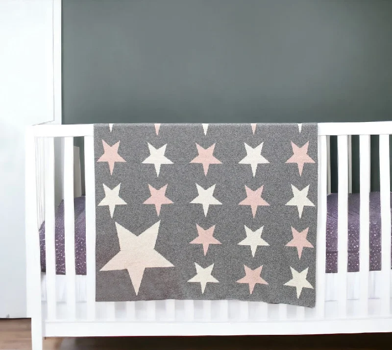 Grey Ivory And Pink Stars Knitted Baby Blanket