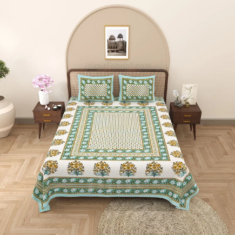 Heritage Hues Greenish Block Print Pure Cotton Double Bedsheet