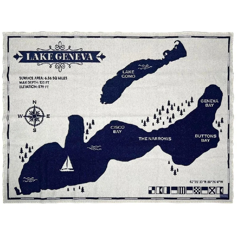 Lake Geneva Map Wool Throw Blanket