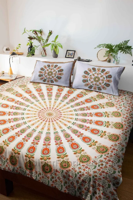 Mandala Orange Green Khari Gold Print Double Bedsheet with 2 Pillow Covers