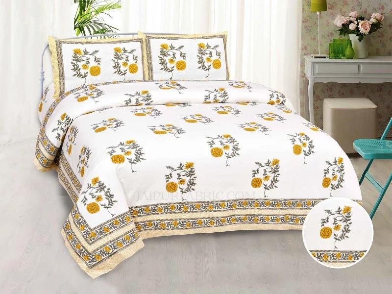 Mustard Yellow Cherry blossom Super Fine Cotton Block Print King Size Bedsheet