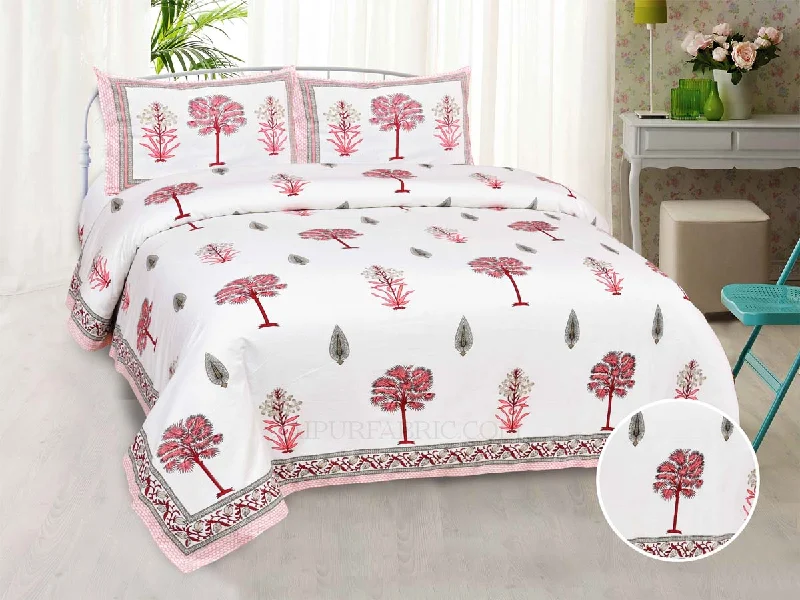 Pink Palm Tree  Super Fine Cotton Block Print King Size Bedsheet