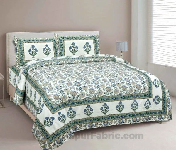 Pure Cotton Green Color Floral Ethnic Jaipuri Double Bedsheet