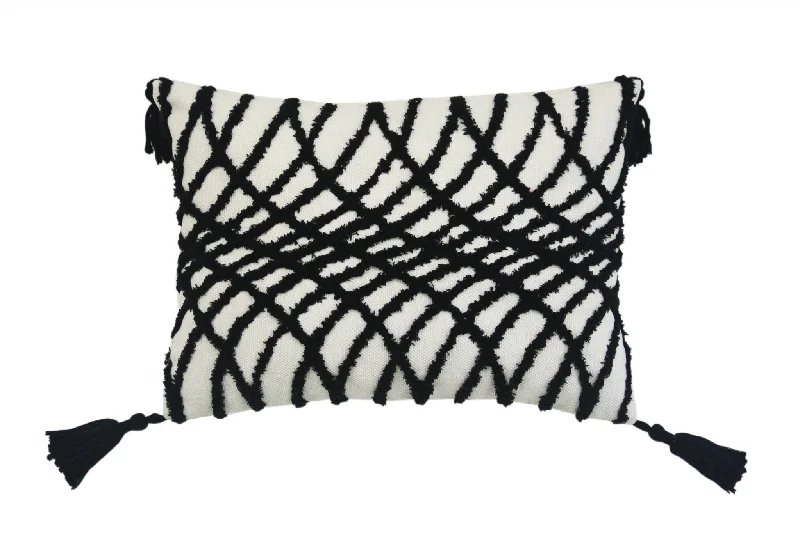 13" X 18" Black And White Geometric Zippered Polyester And Cotton Blend Throw Pillow With Tassels