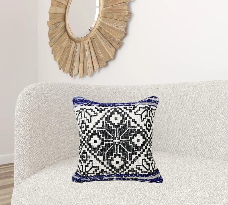 20" X 20" Blue Navy Gray And White 100% Cotton Geometric Zippered Pillow