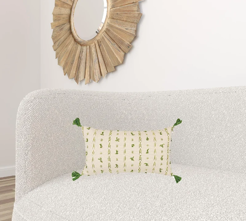 Green Beige Tribal Inspired Tasseled Lumbar Pillow