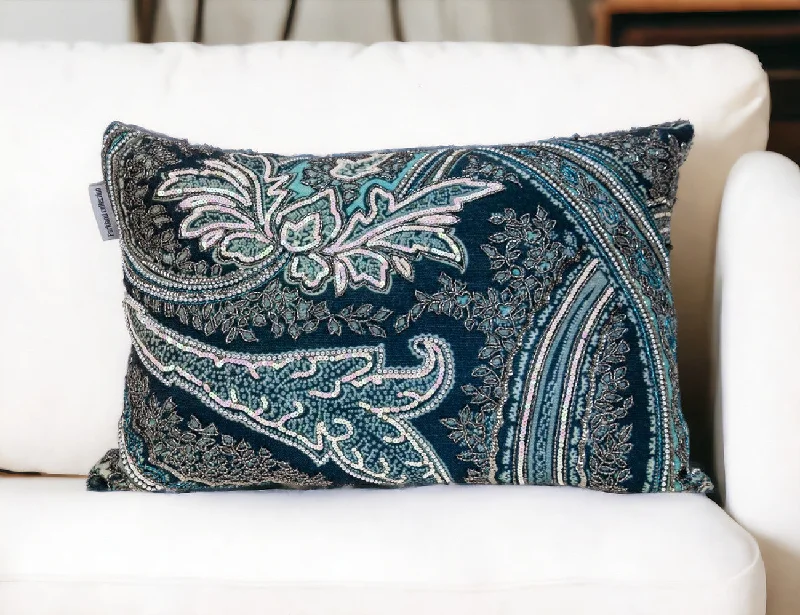 Shades of Blue Beaded Embroidery Decorative Throw Pillow